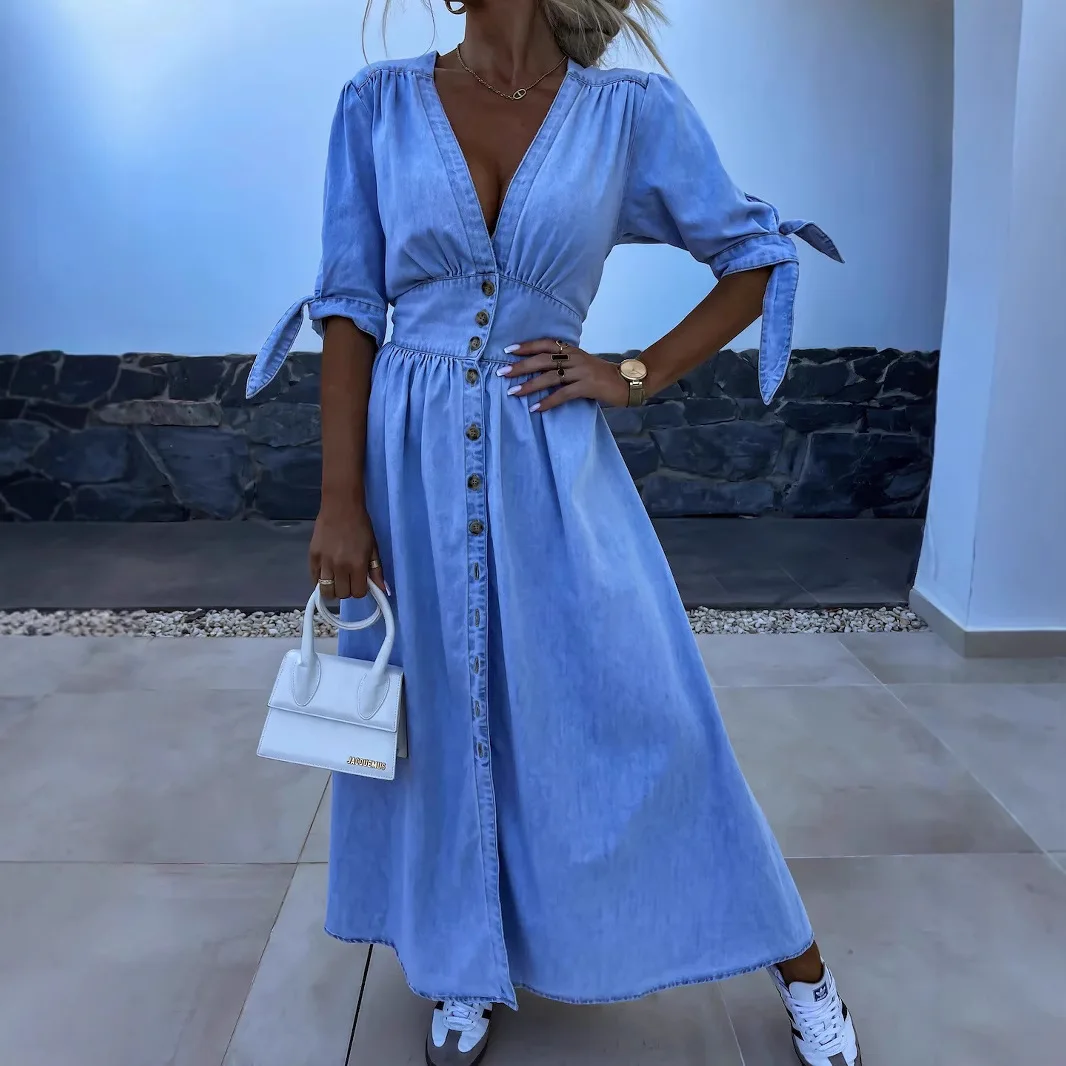 

2025 New Women's Fashion Sexy V-Neck Long Button Denim Dress 16845