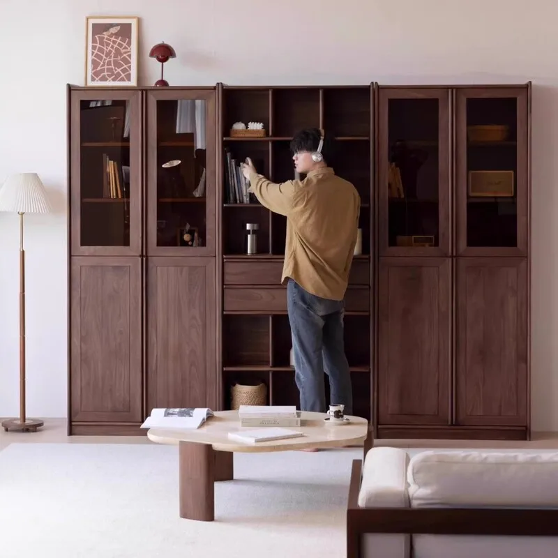 Black walnut wood bookcase with glass door, antique shelf, cherry household floor-standing storage cabinet combination, solid wo