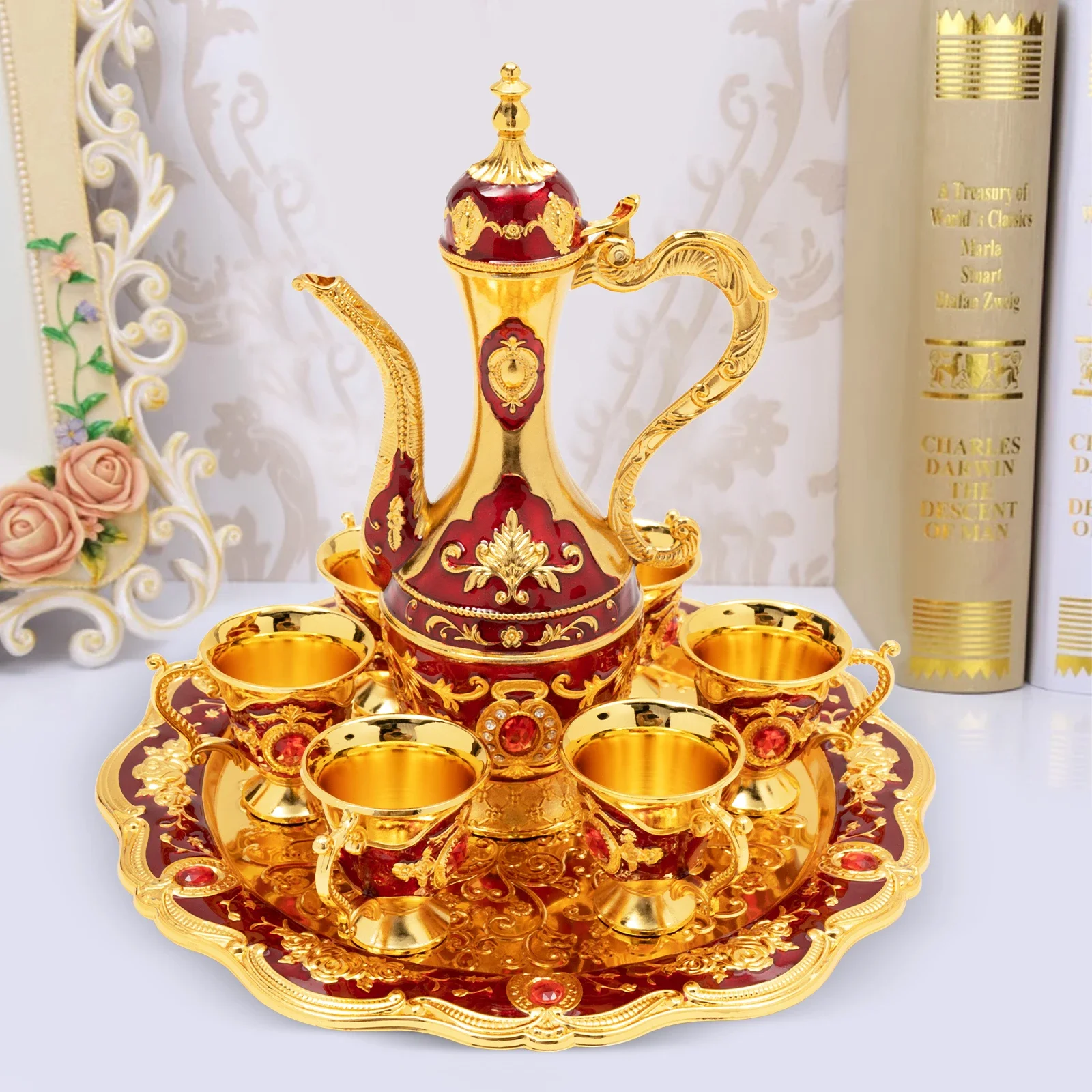 Vintage Turkish Coffee Pot Set with 6 Cups and Tray Gorgeous Tea Set Birthday Gift Home Decor Kitchen Accessories Barista Tools view 5