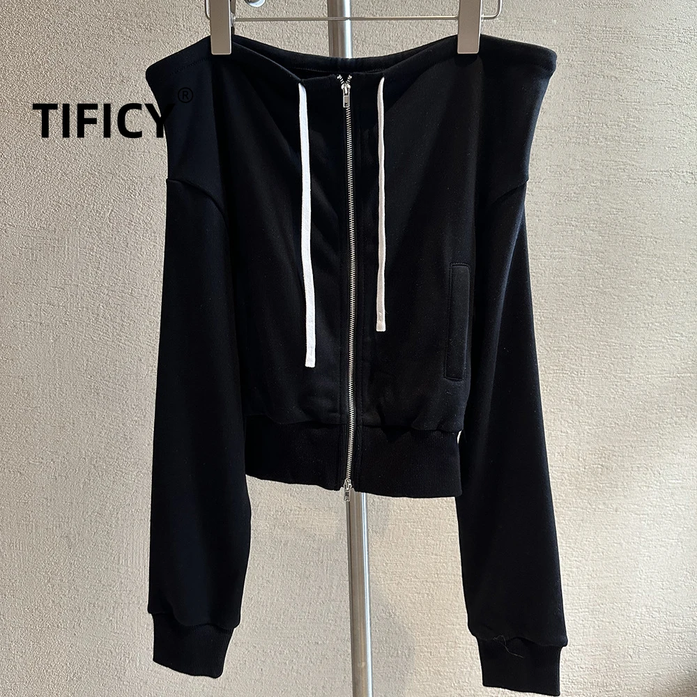 

TIFICY Two on One Shoulder Zipper Hoodie Women's Double Zipper Design Waist Cinching and Off Shoulder Hoodie Sweatshirts Tops
