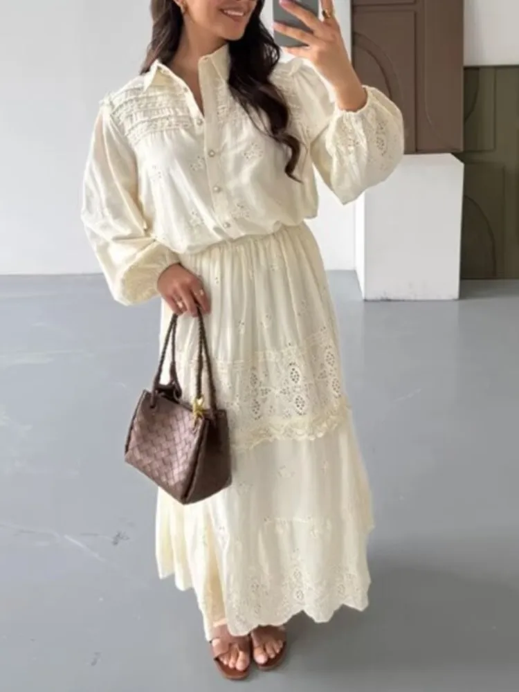 

2025 праздничный стиль, осенний женский комплект с юбкой, богемный вязаный крючком топ с длинными рукавами + юбка, комплект из 2 предметов, повседневная пляжная одежда