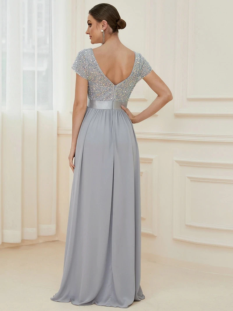 Elegant Evening dresses Long A LINE Short Sleeve V-Neck Chiffon Sequined Gown 2024 ever pretty of Simple Prom Women Dress