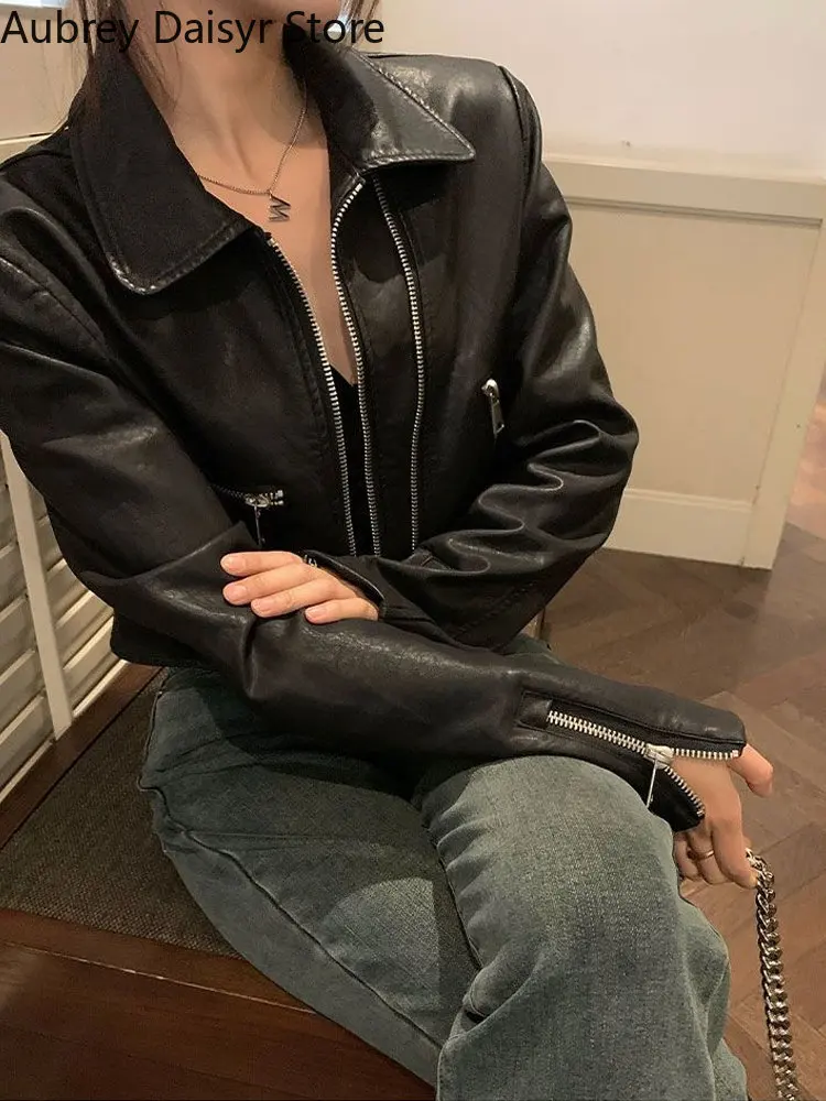 Punk Black Cropped Leather Jacket Women Streetwear Zipper Moto Leather Jacket High Street Vintage Soft Faux Leather Coats 2023