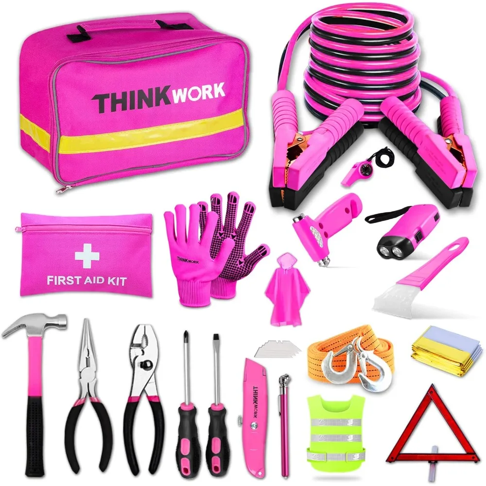 

Pink Emergency Car Kit: 10-Foot Roadside Assistance Tool Set for Women and Girls