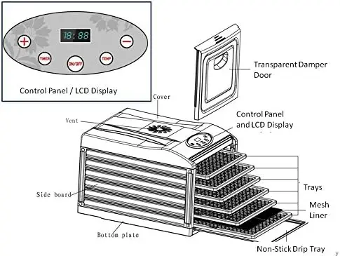 Aço inoxidável bandeja desidratador com temporizador digital e controle de temperatura, silencioso, frutas, legumes, carne, espasmódico, 9