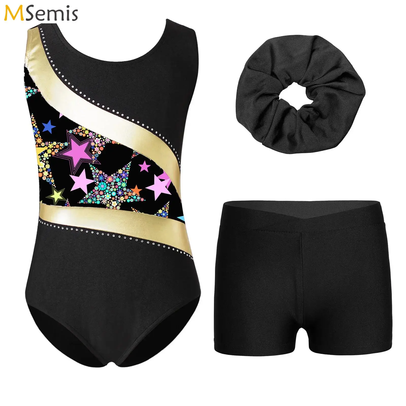 

Kid Girls Gymnastics Leotards Bodysuit Shorts for Workout Figure Skating Outfit Ballet Dancewear Gym Training Rhinestone Sports