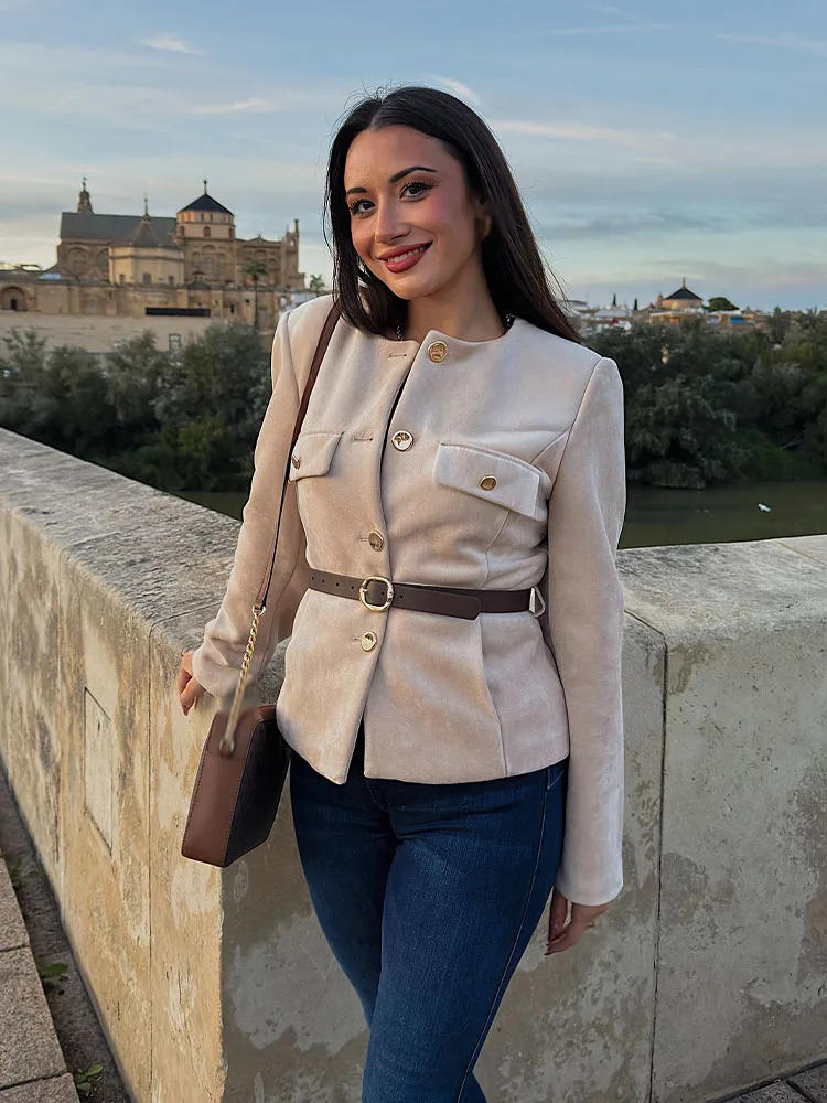 HH mujer cinturón de bolsillo falso de un solo pecho decorar chaquetas de calle otoño mujer moda cuello redondo manga larga abrigo corto 3 colores