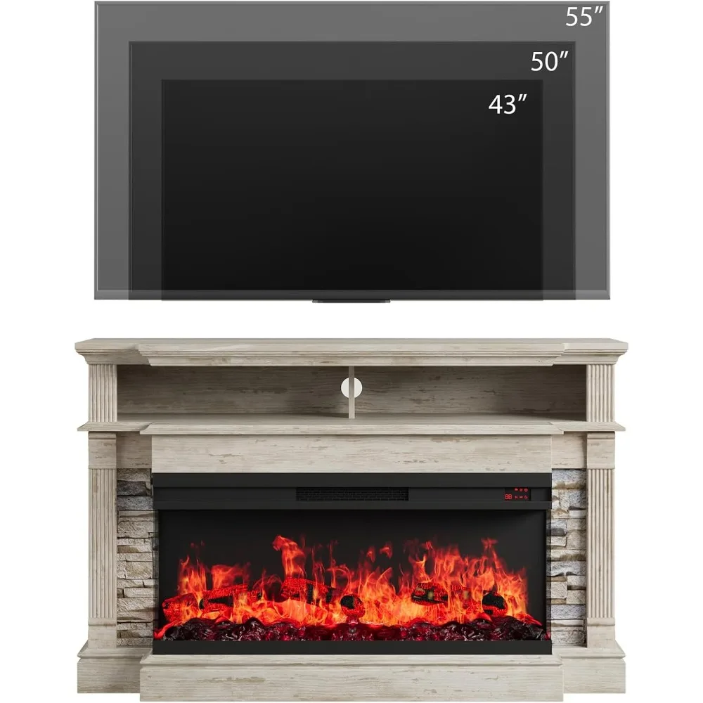 حامل تلفزيون مدفأة لأجهزة التلفاز حتى 65 بوصة، مركز ترفيه مدفأة مقاس 52 بوصة مع مدفأة كهربائية زجاجية بثلاثة جوانب مقاس 36 بوصة