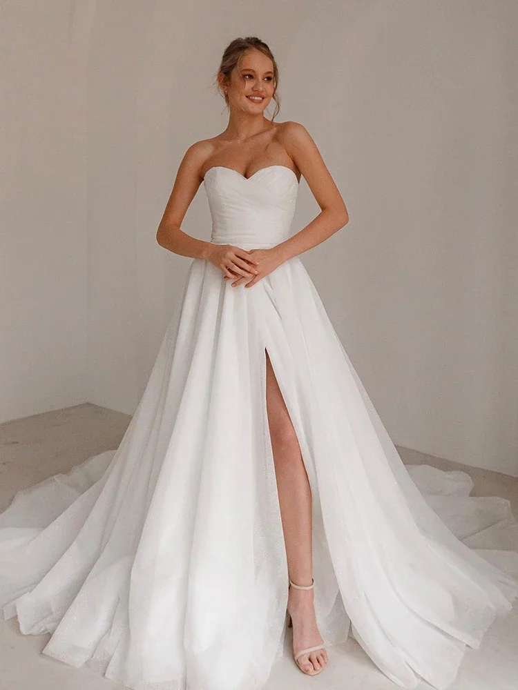 Simplicity Wedding Dress Slit A Line Ball Gown Ruffled Organza Beach Strapless Sleeveless Bride Dress Back Button Robe De Mariee