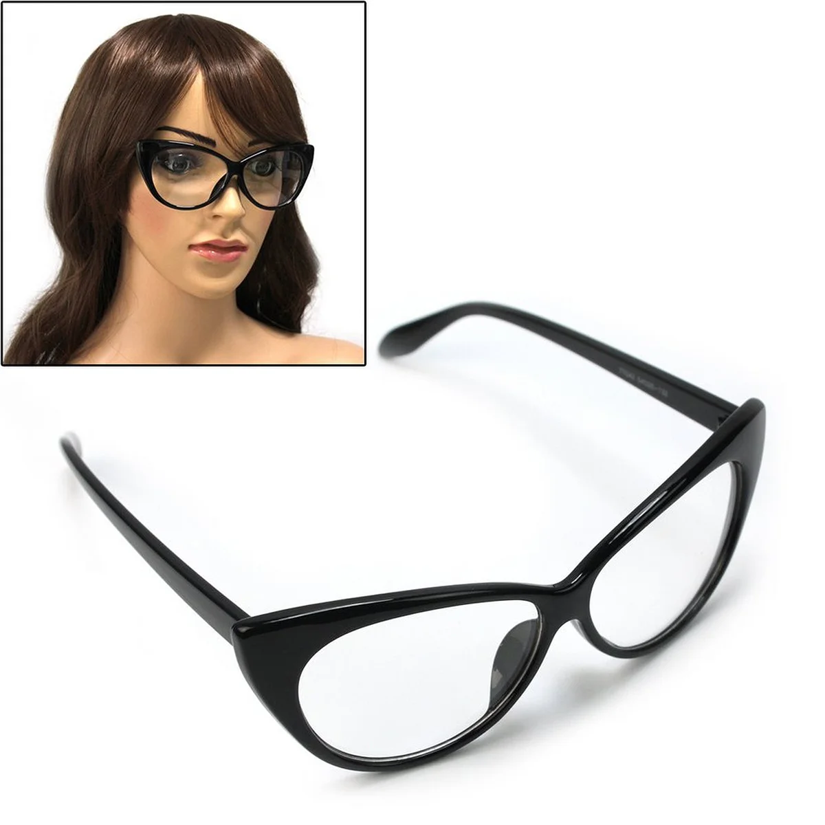 Schwarze Katzenaugen-Brille im Retro-Stil, keine Stärke, großer Rahmen, modische, leichte Brille, 15 x 5 cm, Katzenaugen-Brille