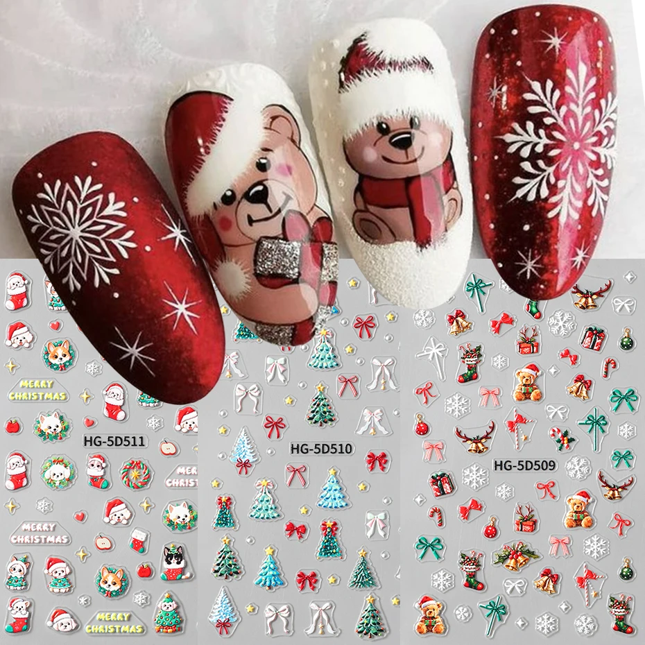 5D geprägte Cartoon Bär Schneeflocke Nagelaufkleber Weihnachtsbäume Schleife selbstklebende Abziehbilder für Nägel Winter Weihnachten Nageldekoration