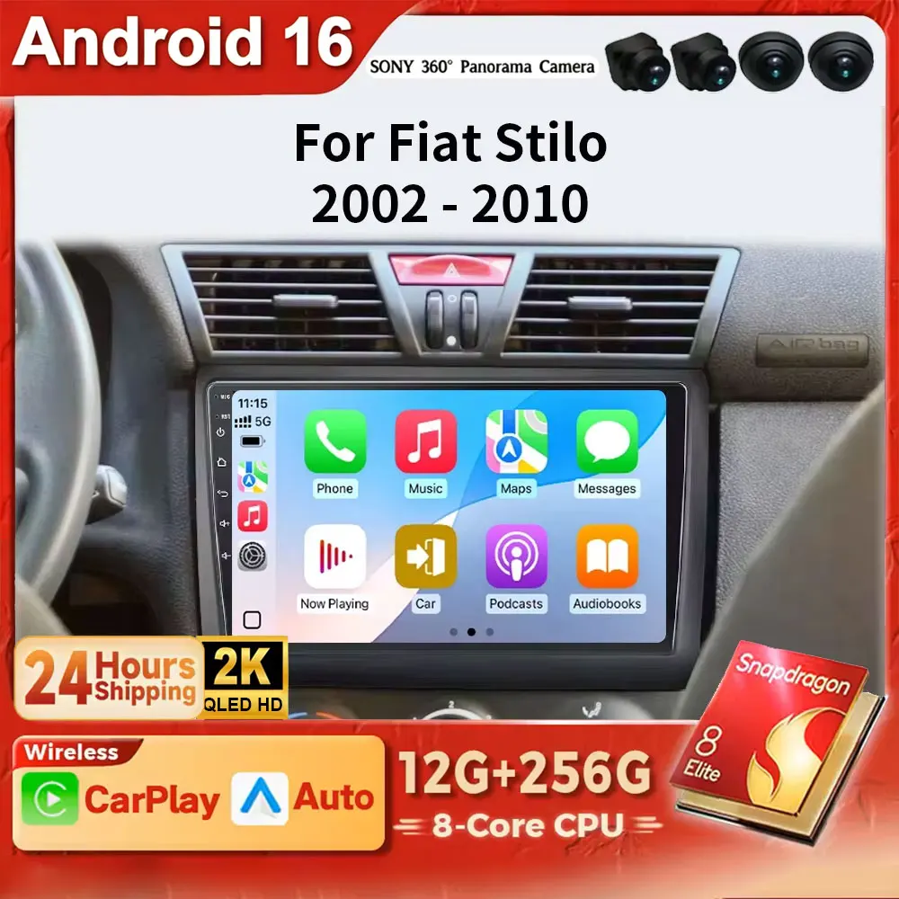Android 16 2K QLED Car autoradio For Fiat Stilo 2010 Cayman DVD player DSP multimedia GPS CarPlay DSP DVD 4G WIFI BT GSP