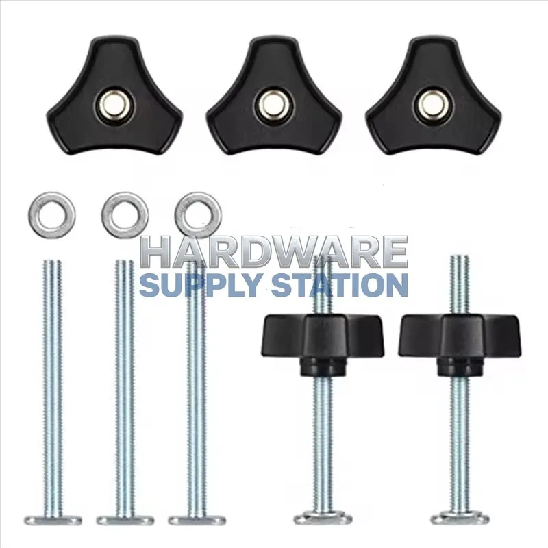 Riel guía de madera fijado con tornillo en T de placa de presión, perilla de mango triangular, tornillo en T con ranura para tornillo, tornillo M8