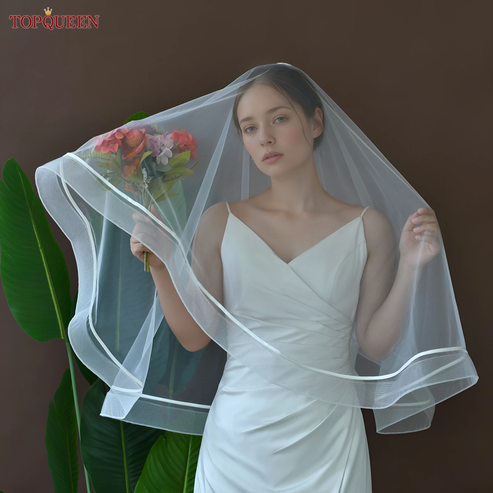 TOPQUEEN New Wide Ribbon Edge Bridal Veil Short With Blusher Tulle Church Wedding Veil With Comb Customizable V299