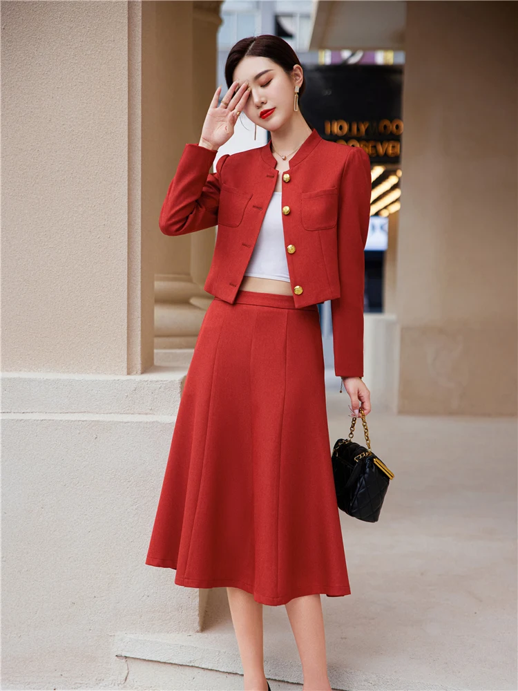 Long Sleeve Career Office Blazer Set for Women Crop Top Swing Skirt Suits 2 Pieces Matching Outfits Short Sets Spring Fashion