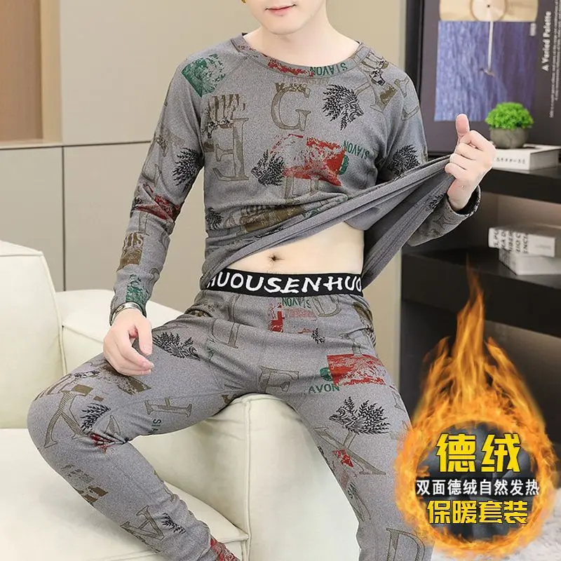 Crew Neck Thermal Underwear Men's Suit Winter Men's Double-sided German Velvet Long Johns Two-piece Set Teen Bottoming Shirt Set