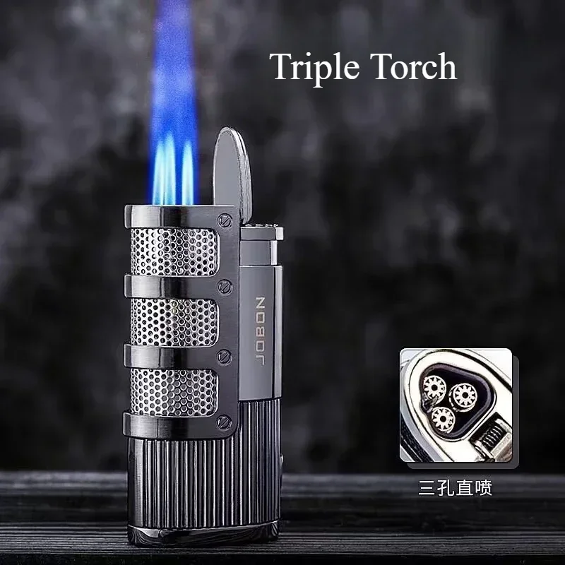 JOBON neues winddichtes Butan-Gas-Feuerzeug aus Metall für den Außenbereich, blaue Flamme, 3-Fackel, gerades Turbo-Jet-Zigarrenanzünder, Zigarrenschneider, Geschenk für Männer