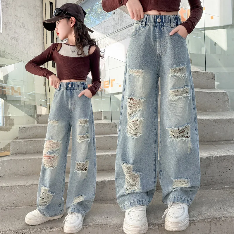 Kids Girls Cowgirl Ripped Jeans Casual Style Destroyed Denim Pants High Street Trousers Spring Autumn Child Clothes 4-14 Years