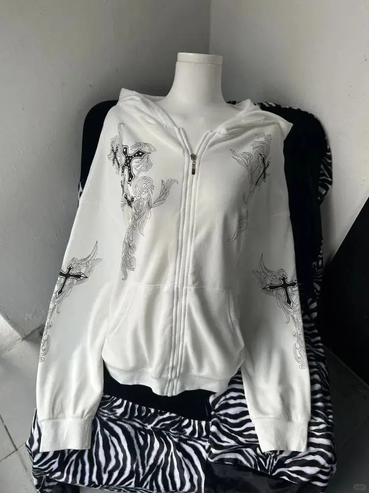 ثقافة فرعية Y2k الألفية خمر بلوزات النساء الأبيض الصليب طباعة مقنعين سترة الخريف عادية القوطية فضفاض زيبرب القمم جديد