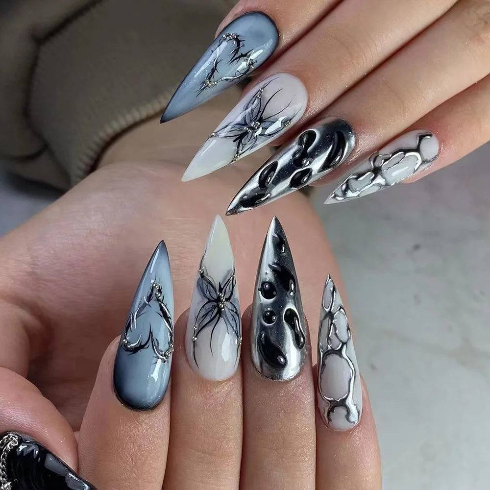 Super Long Stiletto Fake Nail Butterfly Silver Stripe Printed Wearable 3D Water Ripple False Nails Y2K Press On Almond Nail Tips