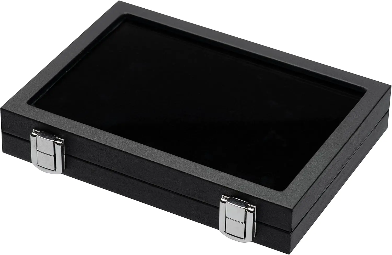 

Jewelry Display Case Tempered Glass Top Lid Black Leatherette,Gemstone Display Case Jewelry Storage Box with Metal Clasp