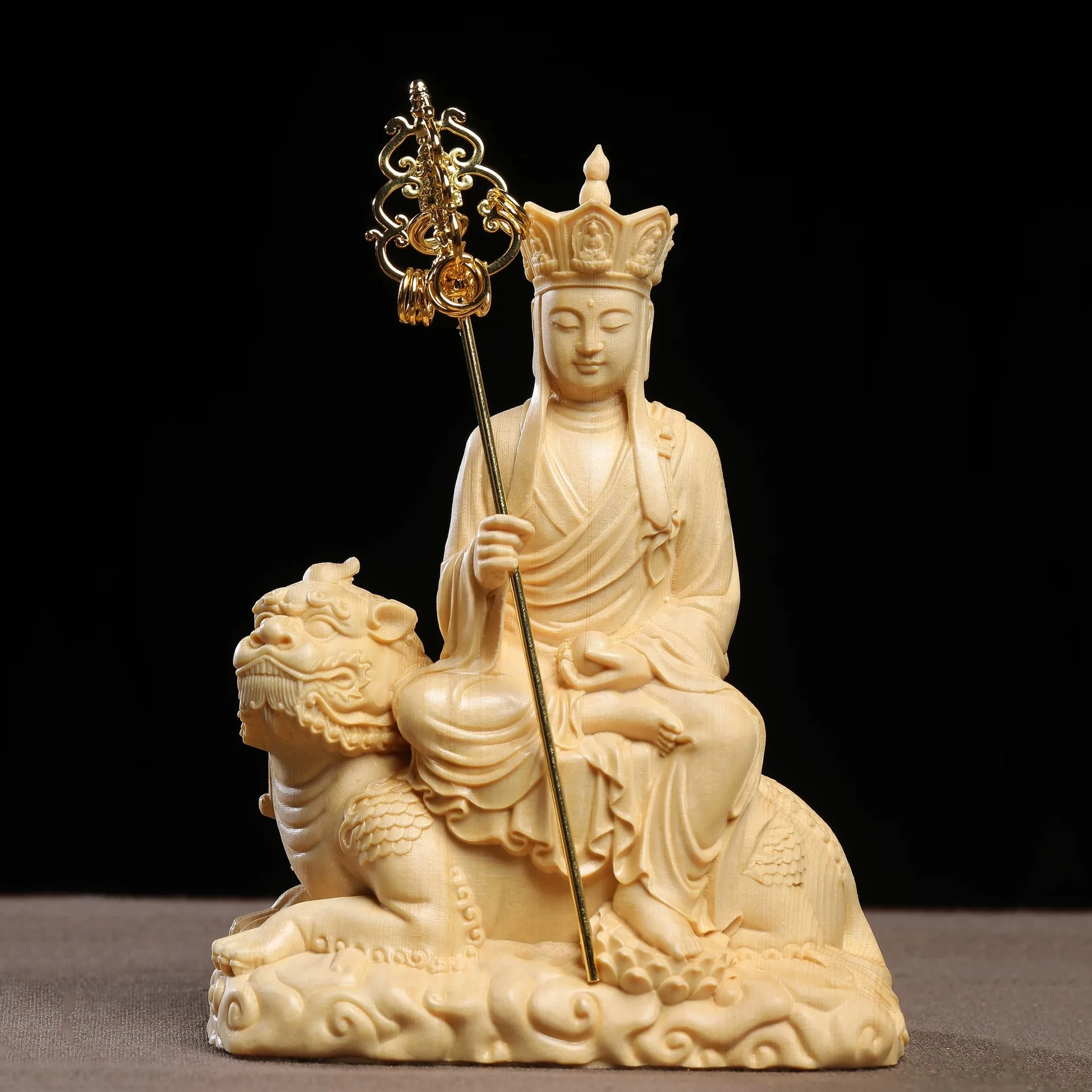 

CZ juniper wood carving Riding Beast Listening to Kizo King Buddha Statue Home Temple Statue Ornament Home Chinese Decoration