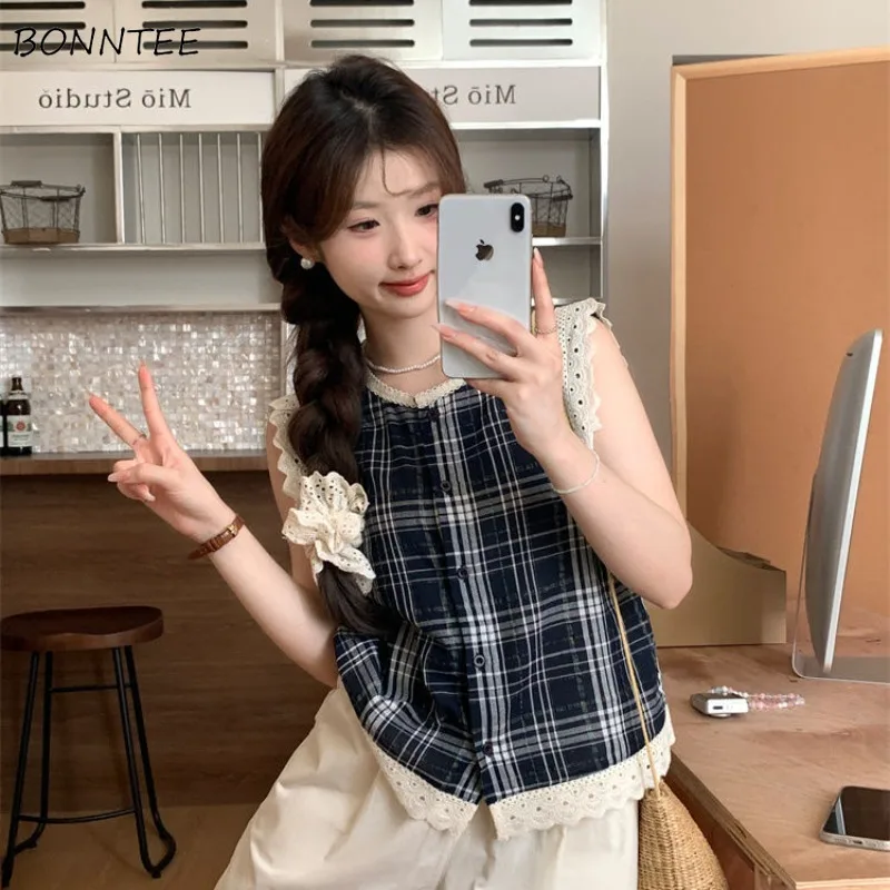 Lace Sleeveless Shirts Women Plaid Round Collar Vintage Korean Style Sweet Tops Ulzzang Leisure Age-reducing Girlish Summer BF