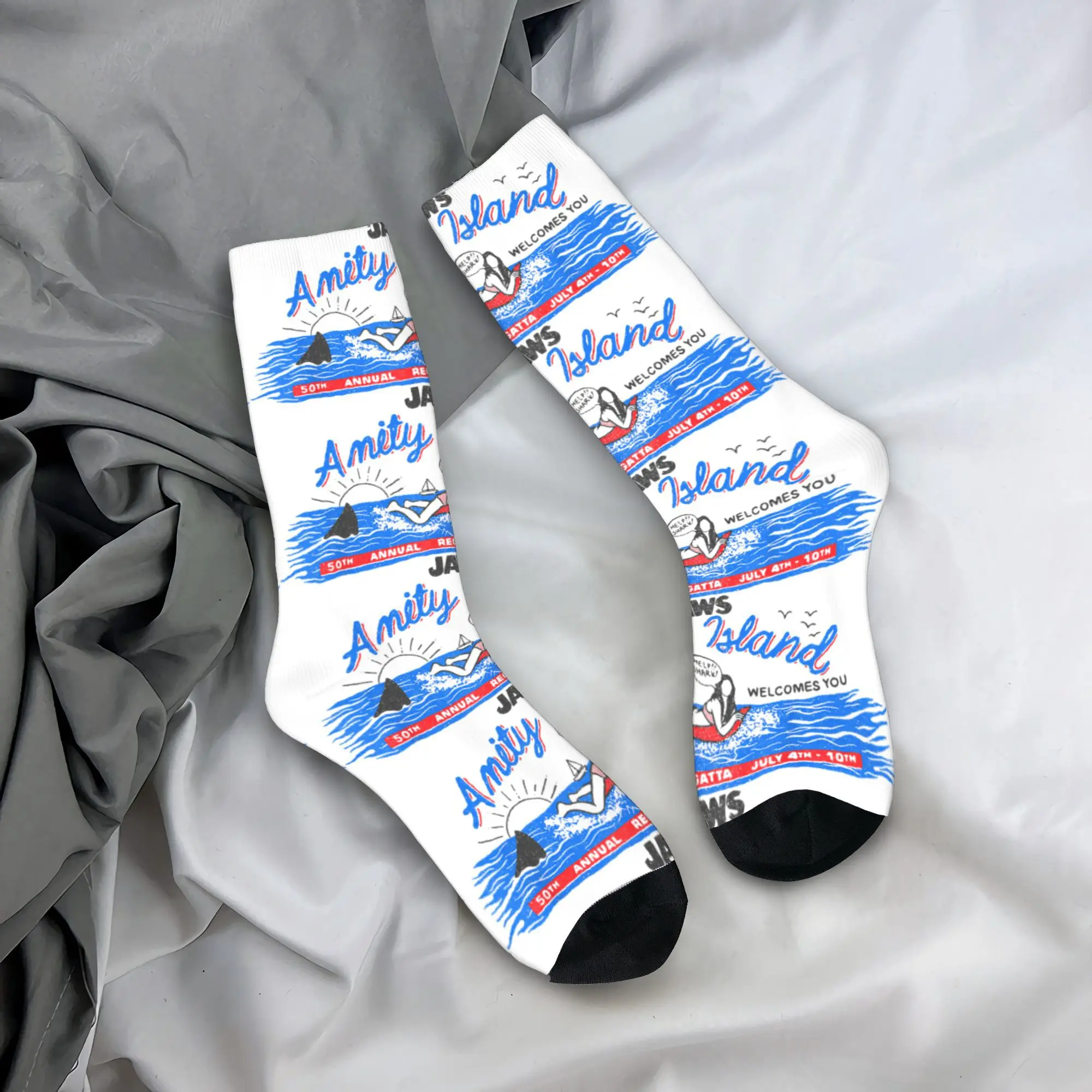 

Adults Men Socks Jaws Amity Island Billboard Stockings Autumn Modern Warm Soft Socks Printed Cycling Anti Skid Sock