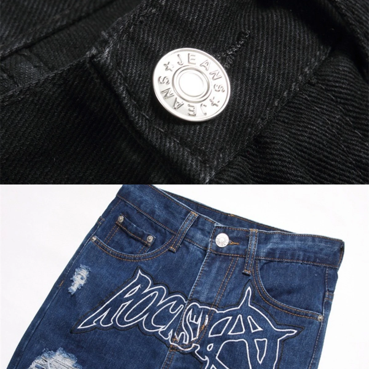 Rock Star Embroidered Jeans Men Patchwork Leather Badge Slim Fit Broken Holes Long Pants Scratched Vintage Elastic Hip Hop Motor