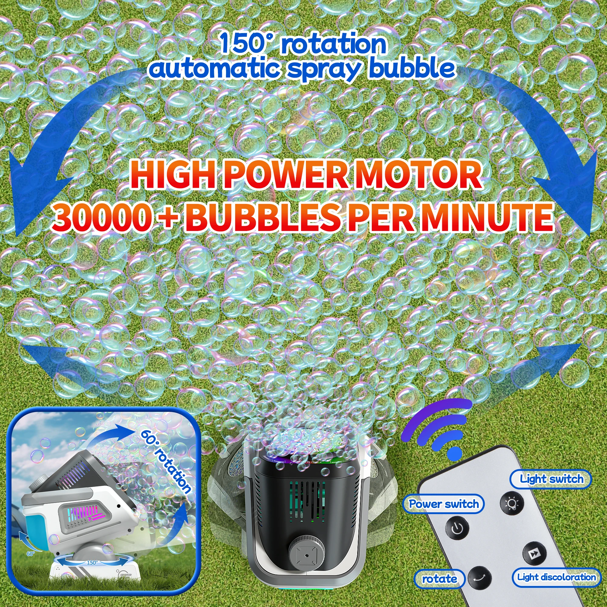 A versão atualizada da máquina de bolhas com controle remoto, rotação automática e luz Rgb, bateria recarregável de 1800mAh, carregamento tipo C, máquina de bolhas adequada para crianças, casamentos, festas de aniversário, atividades ao ar livre, não inclui fluido de bolha