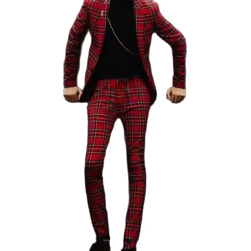 Slim Fit Male Clothing Elegant Men Suits Single Breasted Notch Lapel Red Plaid Prom Party 2 Piece Jacket Pants Male Clothing Set