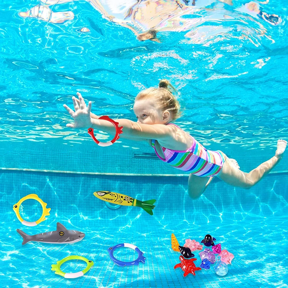 20pcs Summer Pool Diving Swimming Toys for Kids Pool Toys Sinking Set Underwater Dive Games with Bag Gems Shark Rings Sea Animal