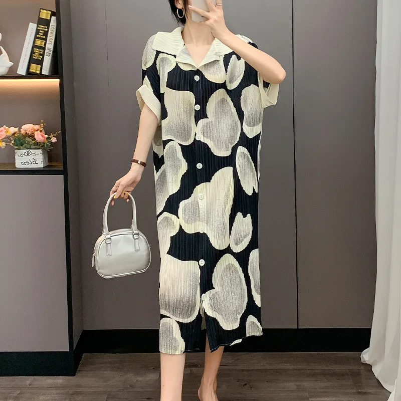 

Miyake Folds 2025 Spring/summer New Cloud Print Lapel Single-breasted Cardigan Dress Loose Mid-length Seven-point Sleeve Skirt