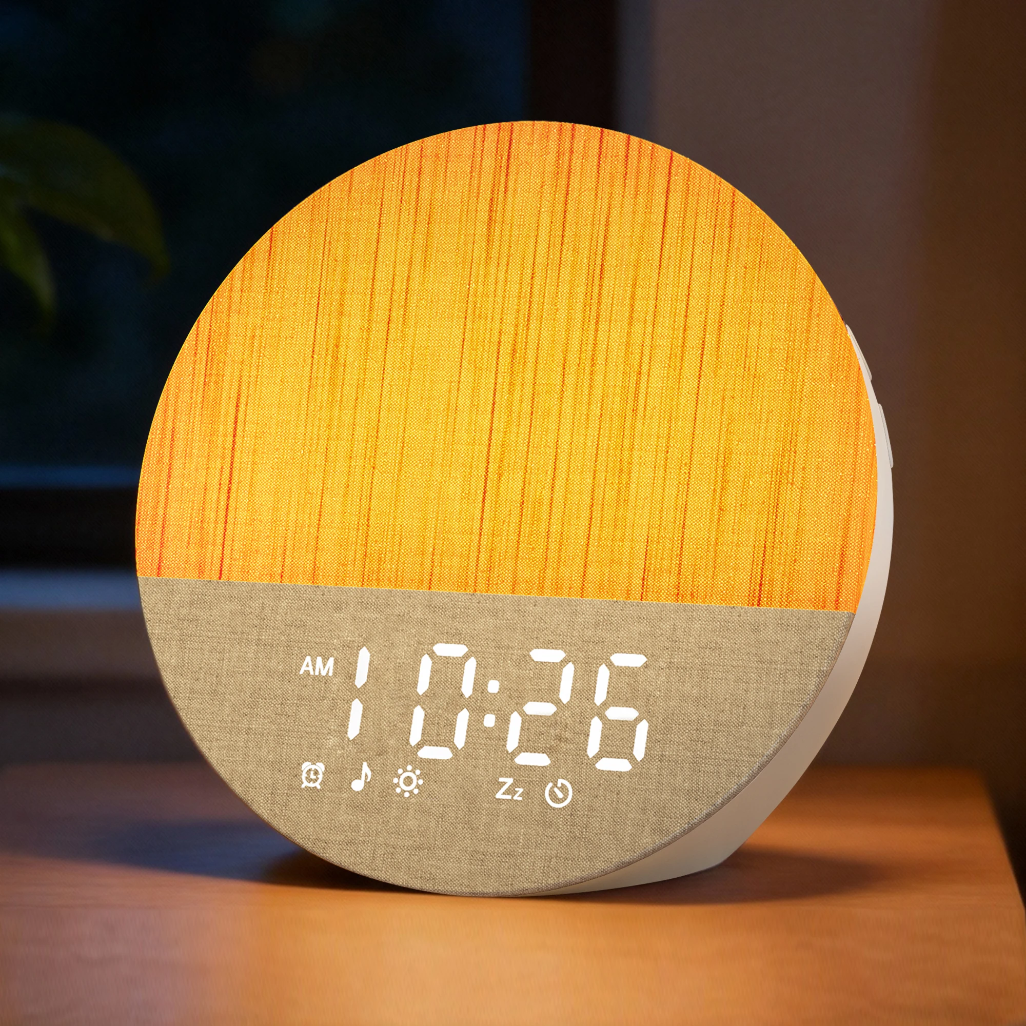 Réveil sonore Sunrise Wake‑Up avec couverture en tissu blanc, lumière dynamique RGB synchronisée au rythme, 30 sons apaisants (10 pistes de bruit blanc + 20 sons de la nature), minuterie de sommeil et fonction snooze personnalisable, veilleuse d'aide au sommeil pour chambre, dortoir et maison
