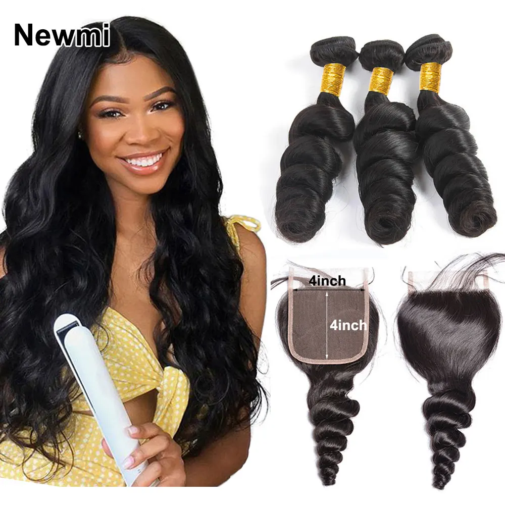 

Newmi Loose Wave Bundles with Closure Human Hair Loose Curly Bundles and Closure 8-30 Inch Bundles with 4x4 Lace Closure