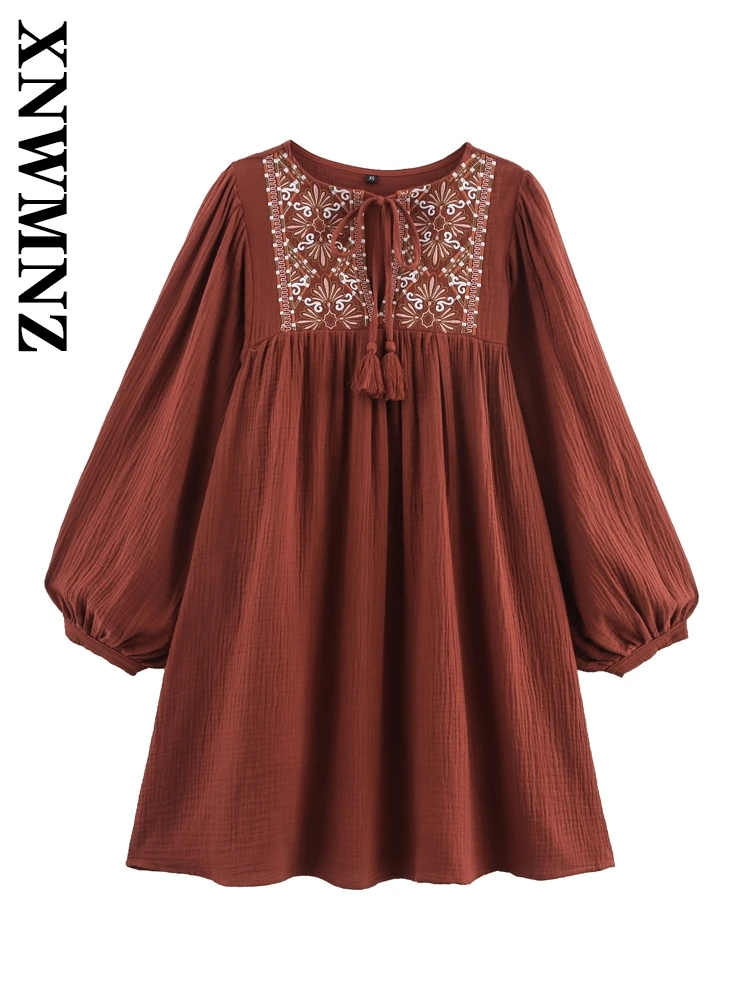 XNWMNZ 2025 Summer New Woman's Fashion Holiday Long Sleeve mini Pleated dress Chic Simple Woman BROWN O-Collar boho Dresses Tie