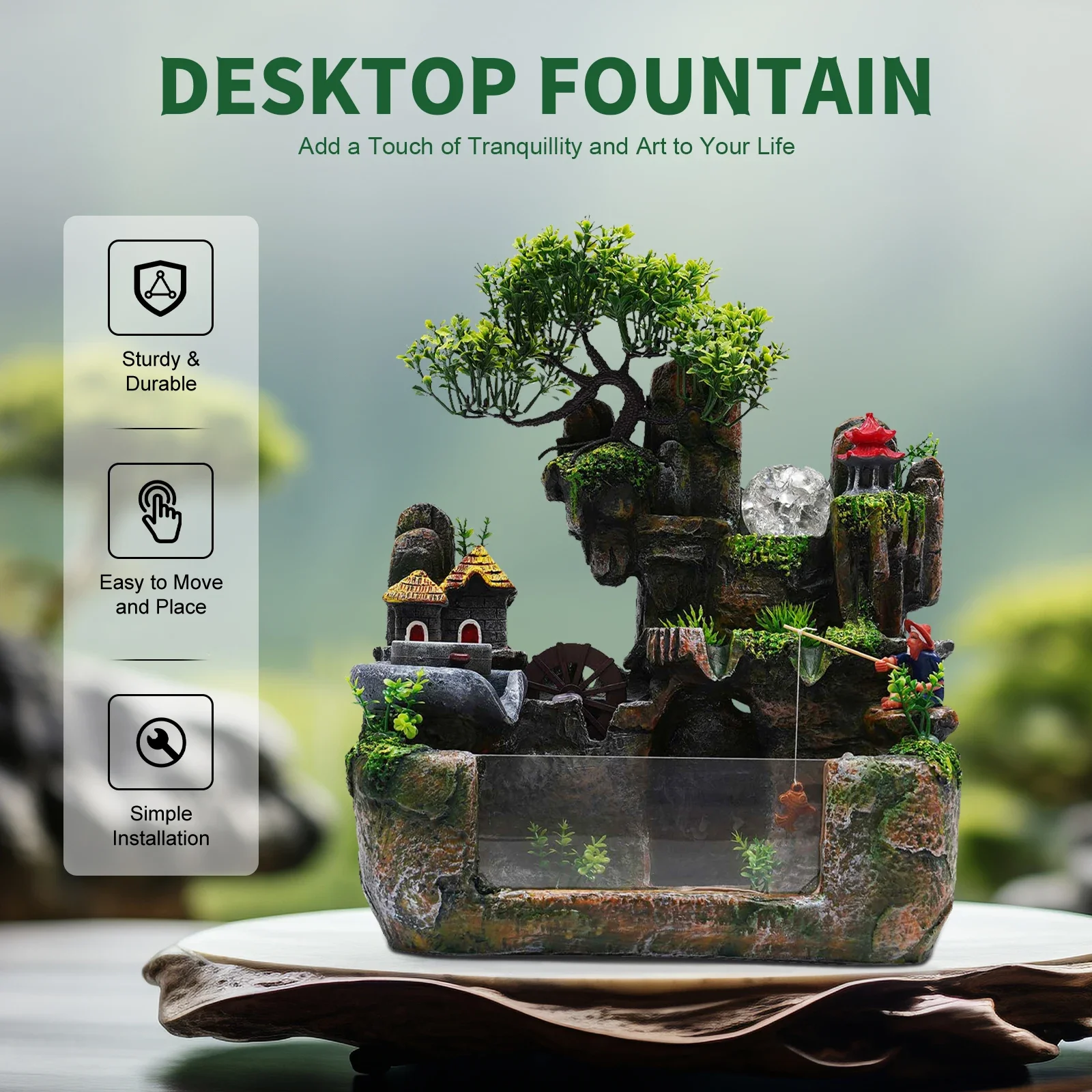 LED Tabletop Water Rockery Fountain with Light, Desktop Chinese Fengshui Indoor Waterfall with Lights,Atomizer Office Decoration