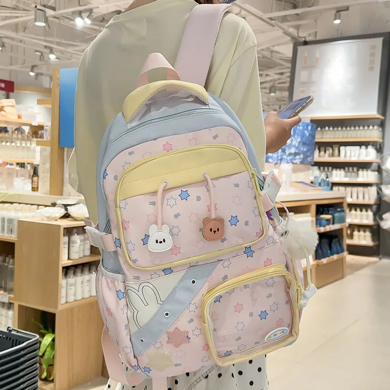 Kawaii Rabbit Transparent Pocket Backpack for Girls Student Schoolbag Women Cute Casual Travel Daypack Nylon Bookbag