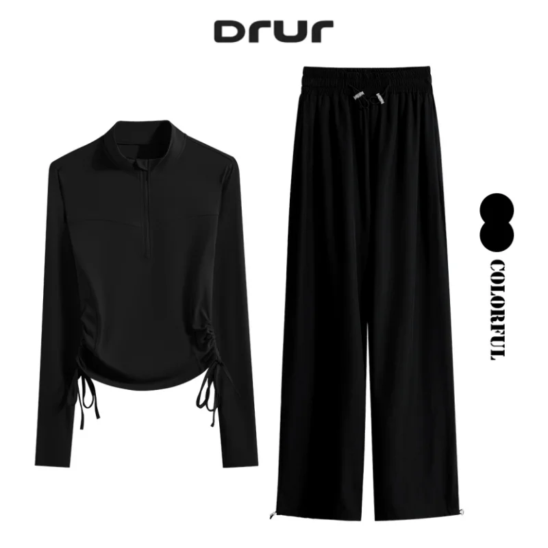 

DRUR 2 Piece Yoga Set for Women With Long Sleeve Side Drawstring Sports Top And Sweatpants Suit Fall Running Gym Outfits S-3XL