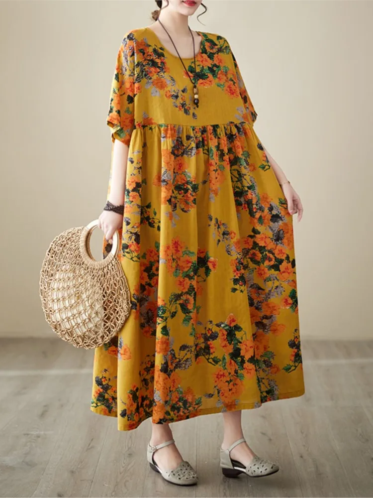 Oversized Summer Long Flower Floral Print Dress Women Casual Loose Ruffle Pleated Modis Ladies Dresses Short Sleeve Woman Dress