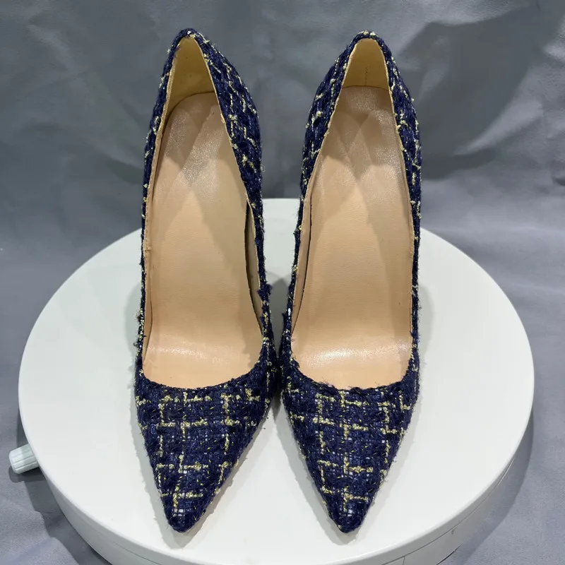 Tikicup Navy Blue Plaid Pattern Women Pointy Toe High Heel Shoes Elegant Ladies Chic Stiletto Pumps Customize 8cm 10cm 12cm