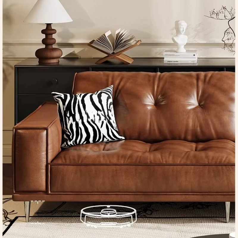 

Medieval tofu block sofa retro brown straight row small apartment living room sofa black oil wax leather home