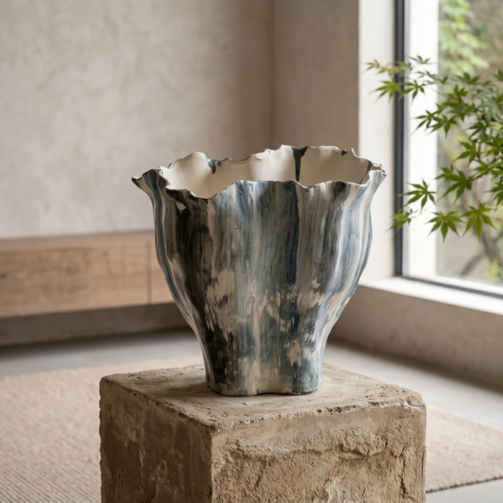 Ceramic Vase Scalloped Vase with Wavy Rim Flower Holder Organic Textured for Decorators, Tabletop, Living Room