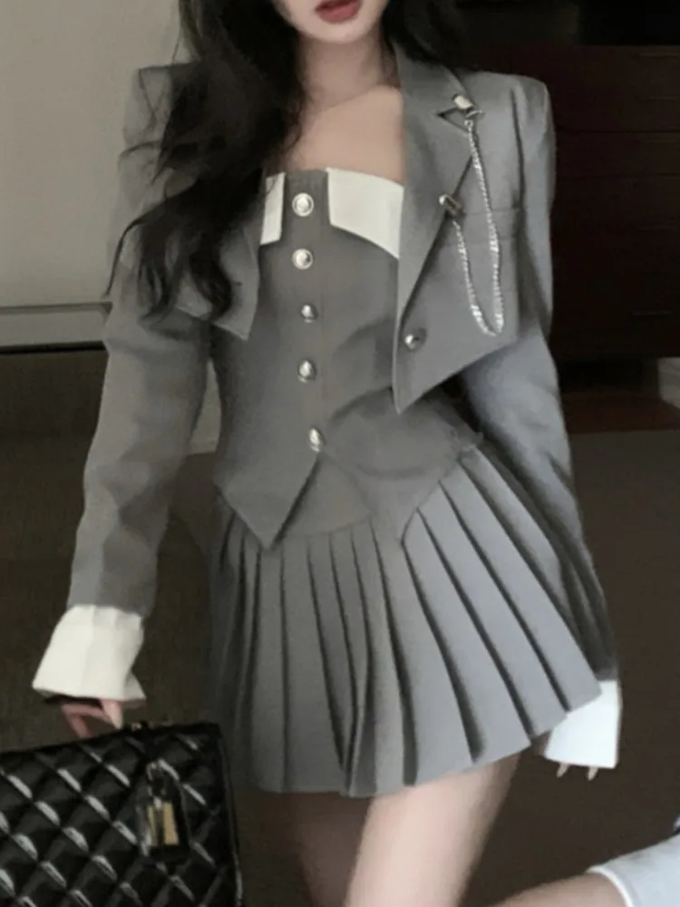 

Y2k Gray Pleated Mini Skirt Suits Women Autumn Korean Preppy Style Tight-fitting Retro Long Sleeve Strapless 3 Pieces Sets New