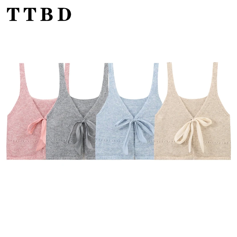 

TTBD Women Vest 2024 Autumn Sleeveless Sweet Bow Sweater Vests Top Korean Fashion Solid Gentle Short Outwear