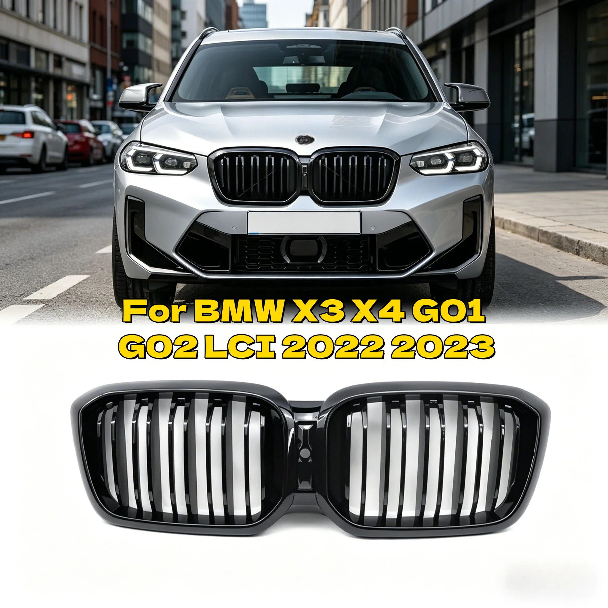 

For BMW X3 X4 G01 G02 LCI 2022 2023 Car Front Bumper Dual Line Front Kidney Grille Gloss Black Racing Grills ABS