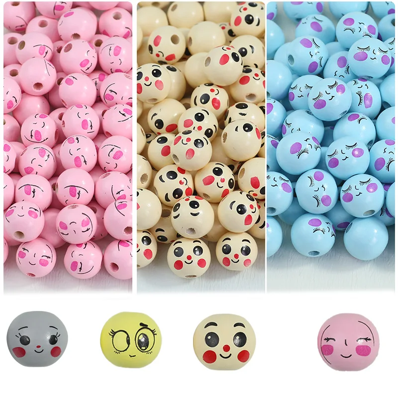 

20mm Multistyle Mixed Round Expressions Wooden Spacers Loose Beads For Jewelry Making Bracelets DIY Keychain Accessories