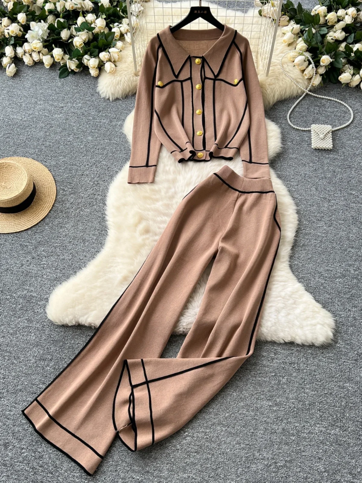 Nomikuma Fashion Color Blocked Turn-down Collar Metal Buckle Long Sleeved Knitted Top Women High Waist Wide Leg Long Pants Set