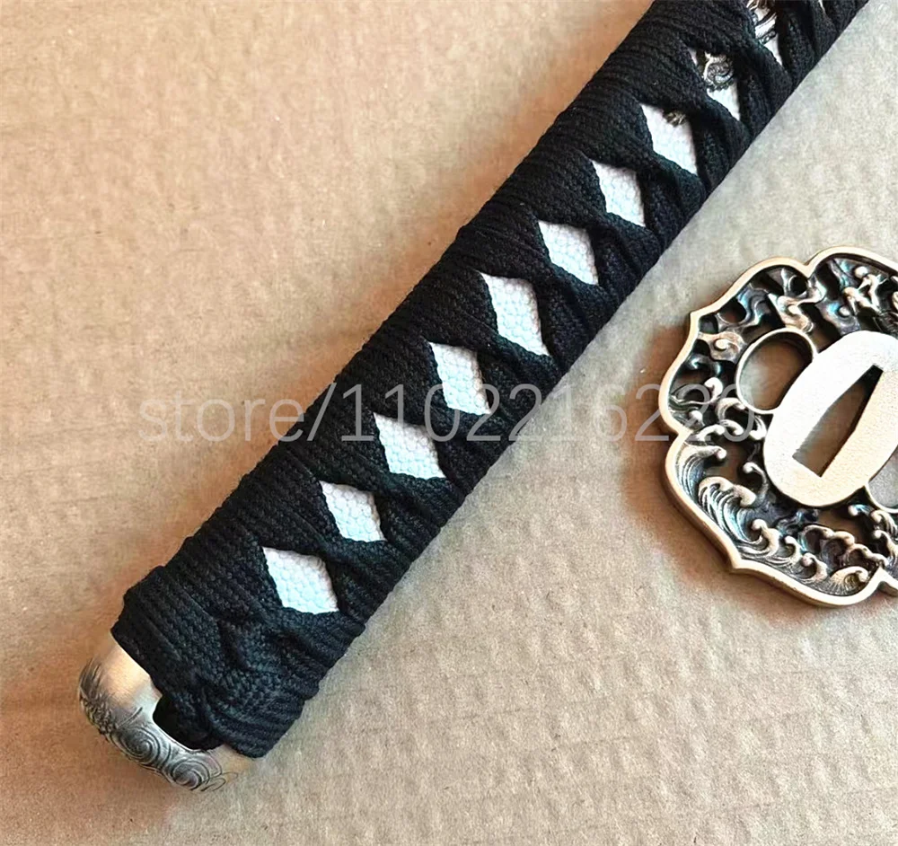 A Set Unique Black Handle Real Rayskin Tsuka Brass Handguard Tsuba For Japanese Samurai Katana Tachi Sword Fittings