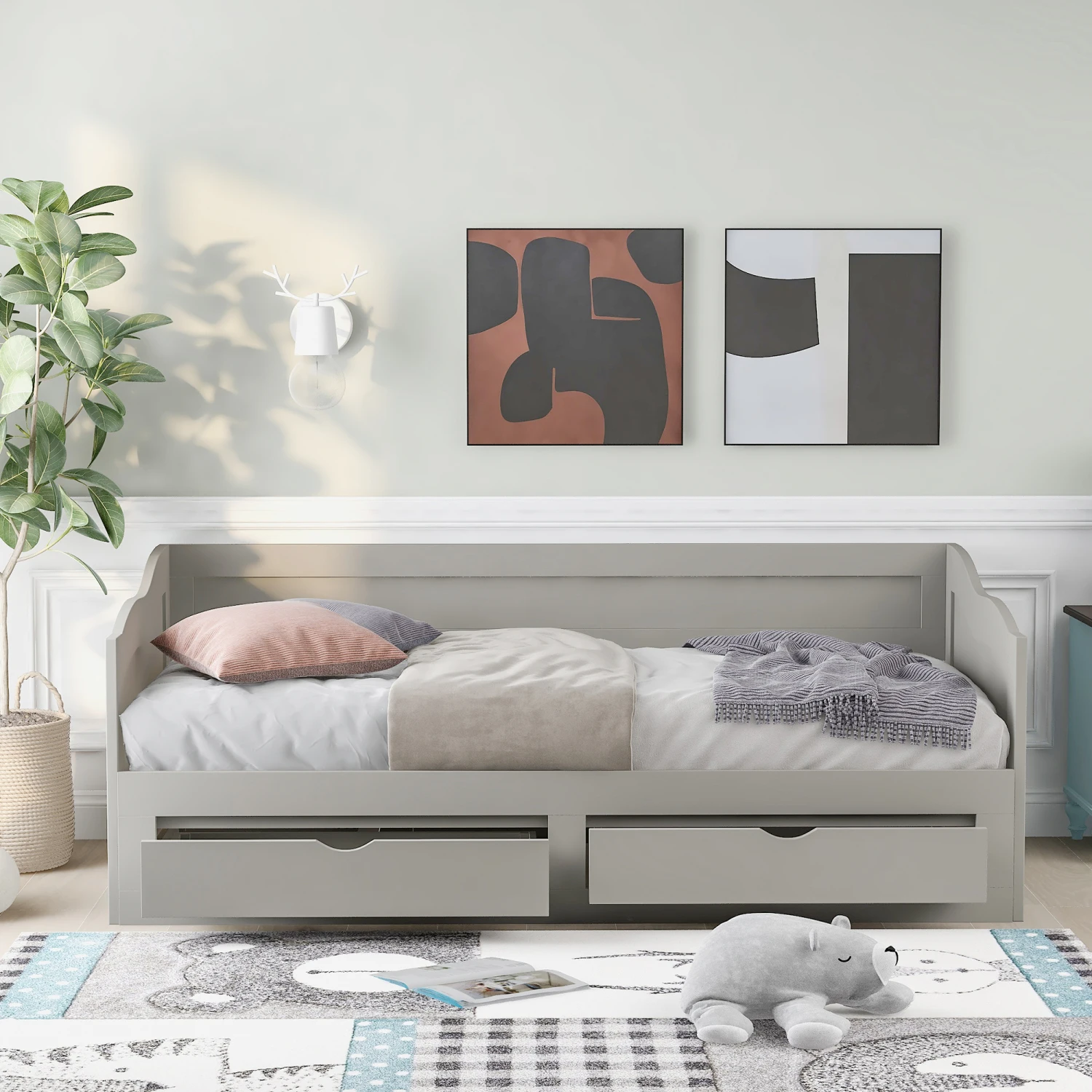 Sofá cama de madera con cama nido y dos cajones de almacenamiento, sofá cama extensible, sofá cama con dos cajones, gris